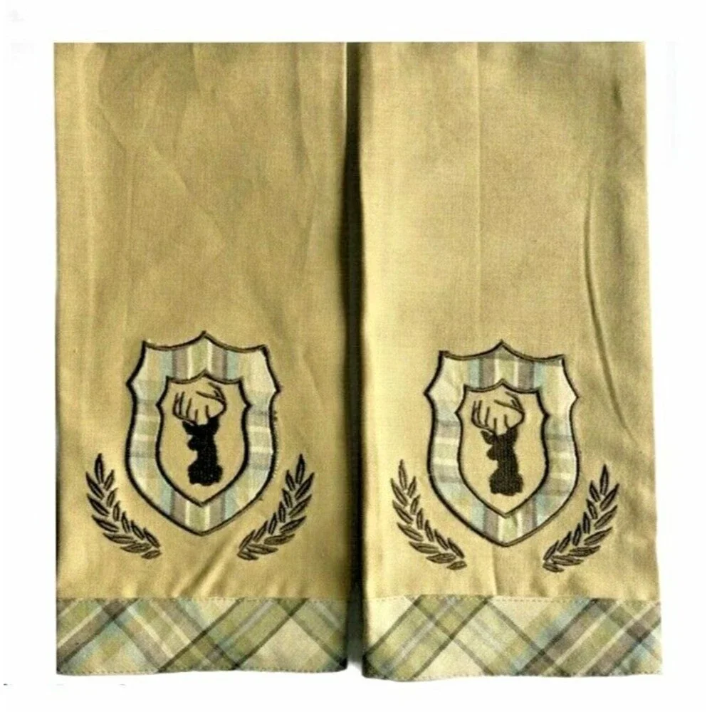 Park Designs Deer Embroidered Dish Towels Sack Cloth Cabin Rustic Lodge Set of 2